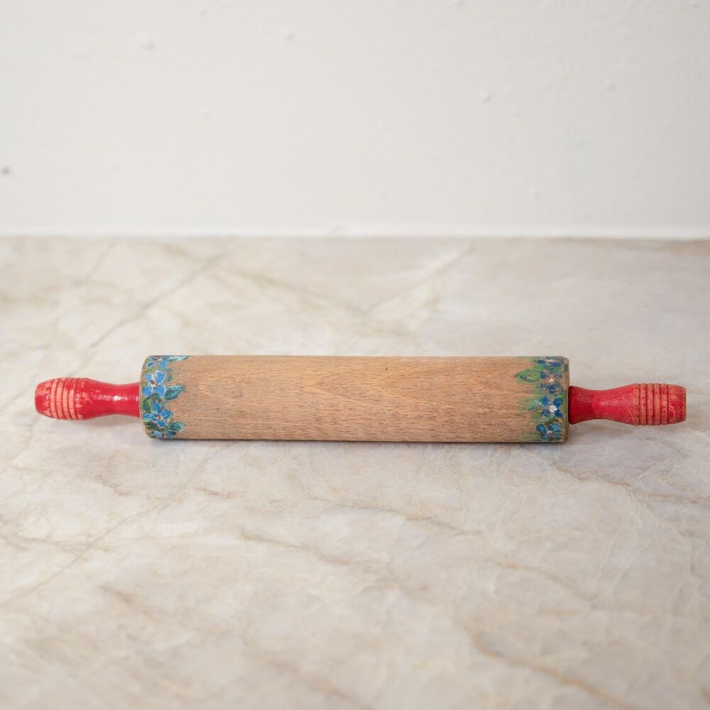 Vintage Mini Wooden Rolling Pin - Hand-Painted Blue Floral & Red Handles